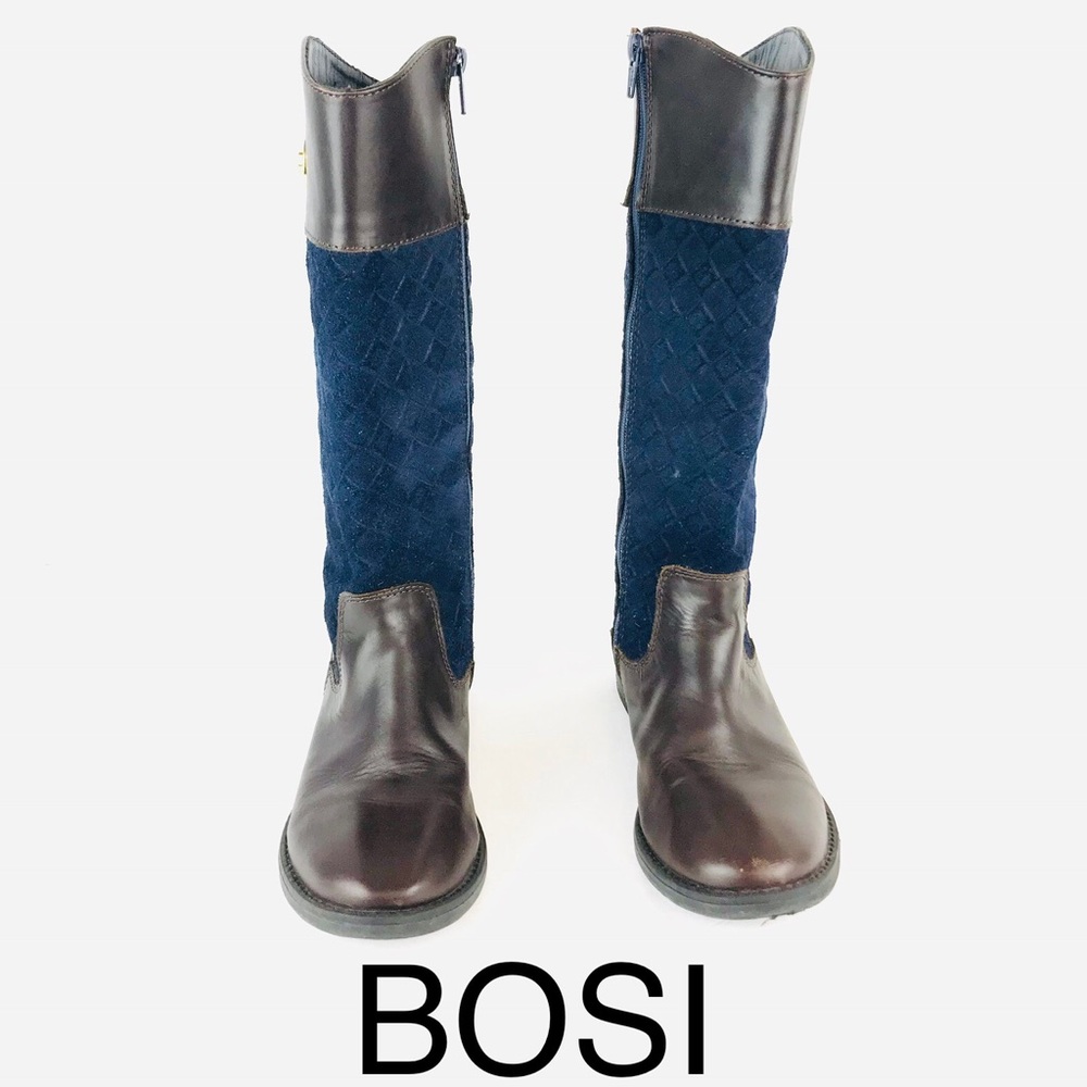 BOSI Riding Boots Quilted Blue Suede and Brown Smooth Leather Womens Size 5 - Picture 2 of 8